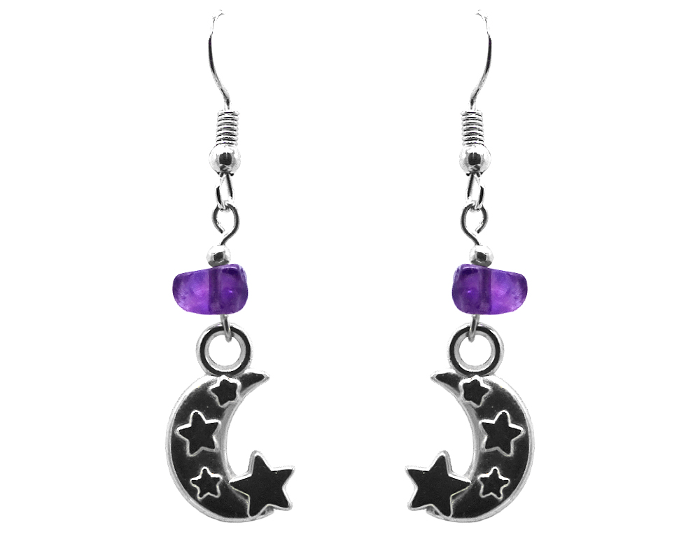 Mia Jewel Shop: Silver metal crescent half moon and stars charm dangle earrings with chip stones in purple amethyst.