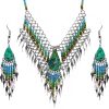 Mia Jewel Shop: Teardrop-cut teal chrysocolla stone beaded fringe chain necklace with long seed bead and alpaca silver metal dangles and matching earrings in turquoise blue, green, and brown color combination.