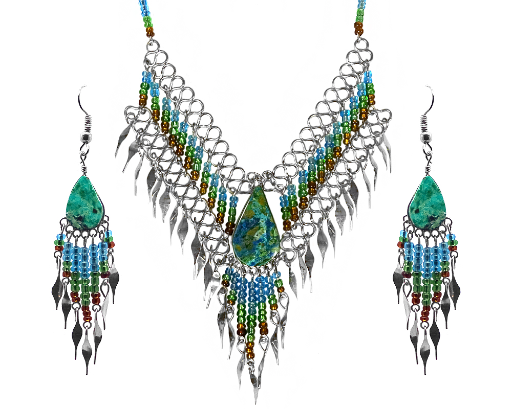 Mia Jewel Shop: Teardrop-cut teal chrysocolla stone beaded fringe chain necklace with long seed bead and alpaca silver metal dangles and matching earrings in turquoise blue, green, and brown color combination.
