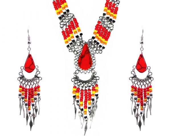 Mia Jewel Shop: Native American inspired teardrop-cut red jasper stone beaded multi strand chain necklace with long seed bead and alpaca silver metal dangles and matching earrings in red, yellow, orange, white, and black color combination.