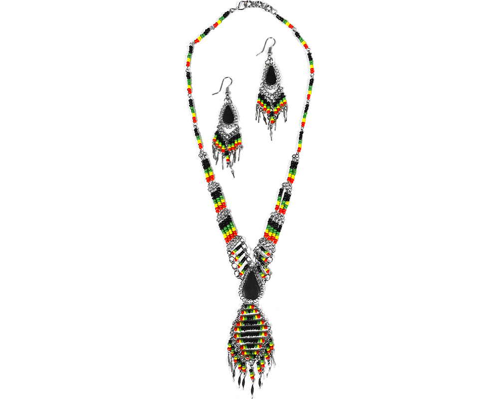 Mia Jewel Shop: Rasta Teardrop Stone Long Beaded Diamond Dangle Multi Strand Necklace and Earrings Jewelry Set