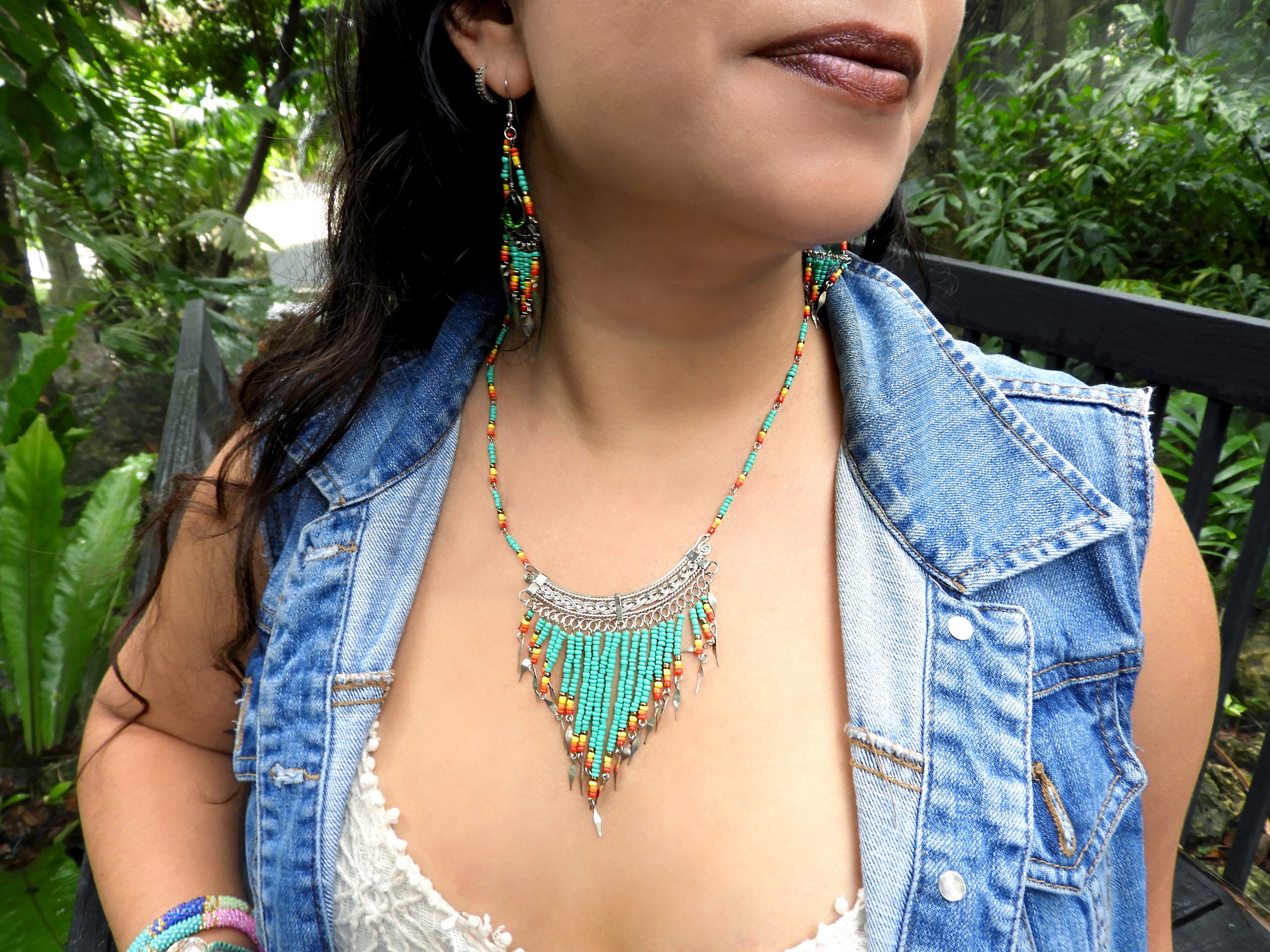 Mia Jewel Shop: Native American Inspired Long Beaded Dangle Fringe Necklace and Teardrop Glass Bead Earrings Jewelry Set