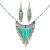 Mia Jewel Shop: Native American inspired beaded chain necklace with long seed bead and alpaca silver metal fringe dangles and matching teardrop-shaped glass bead chandelier earrings in mint, gold, yellow, orange, and red color combination.