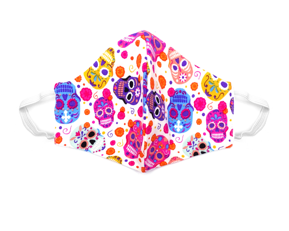 Mia Jewel Shop: Handmade Day of the Dead sugar skull floral pattern print fabric face mask with 100% cotton and elastic straps in white and multicolored kid/teen size.