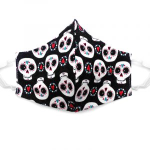 Mia Jewel Shop: Handmade Day of the Dead sugar skull heart pattern print fabric face mask with 100% cotton and elastic straps in black, gray, teal, and red kid/teen size.