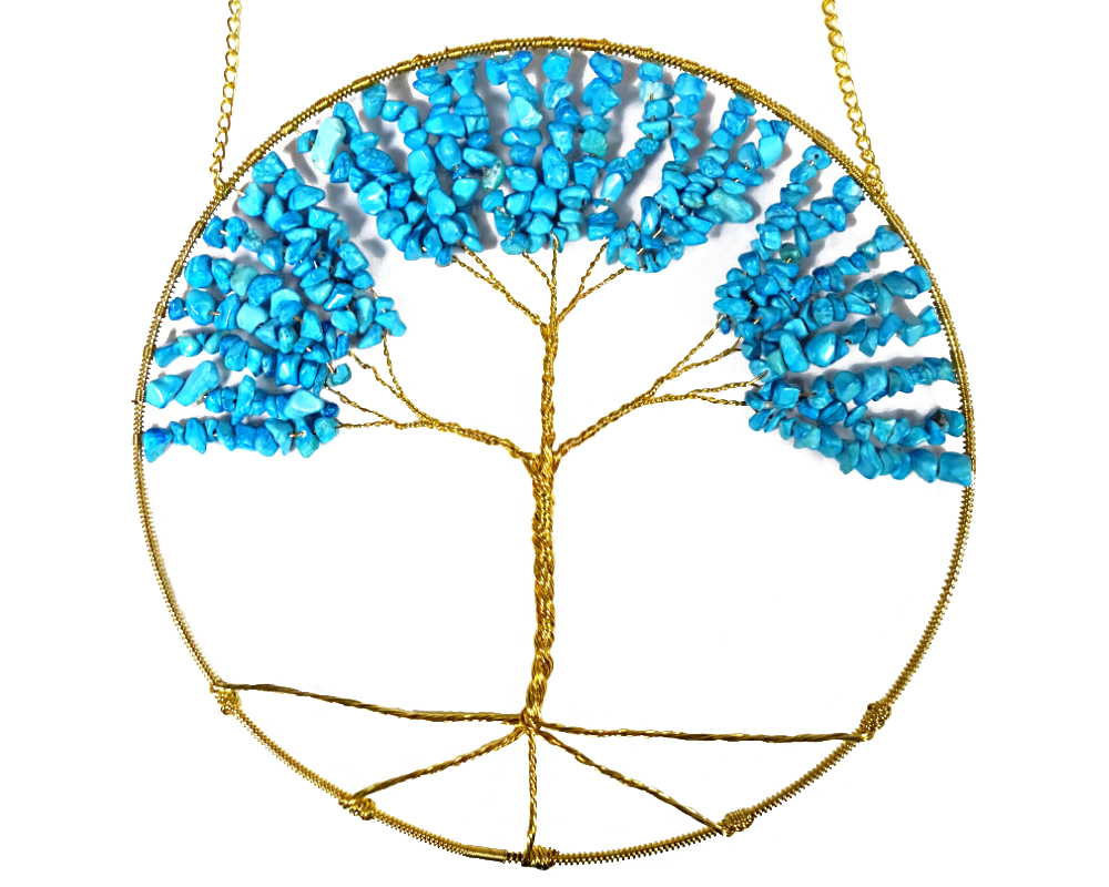 Mia Jewel Shop: Handmade round golden-colored metal wire tree of life hanging ornament with tumbled chip stones in turquoise blue howlite.