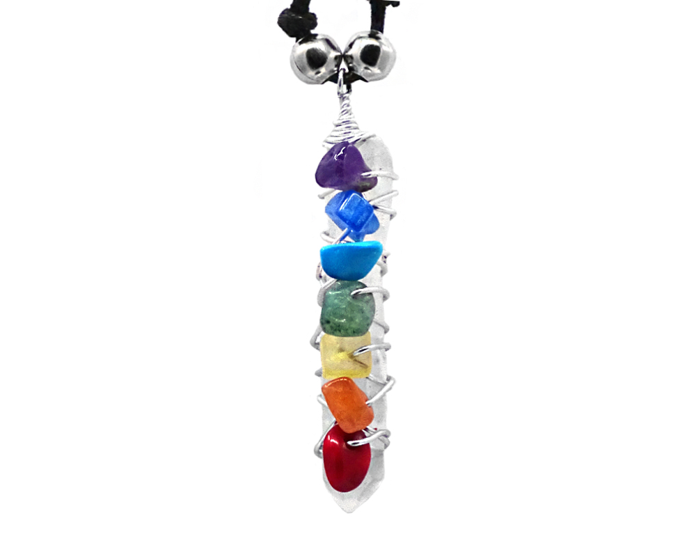 Silver metal wire wrapped natural clear quartz crystal point pendant with rainbow colored chakra chip stones on adjustable necklace.
