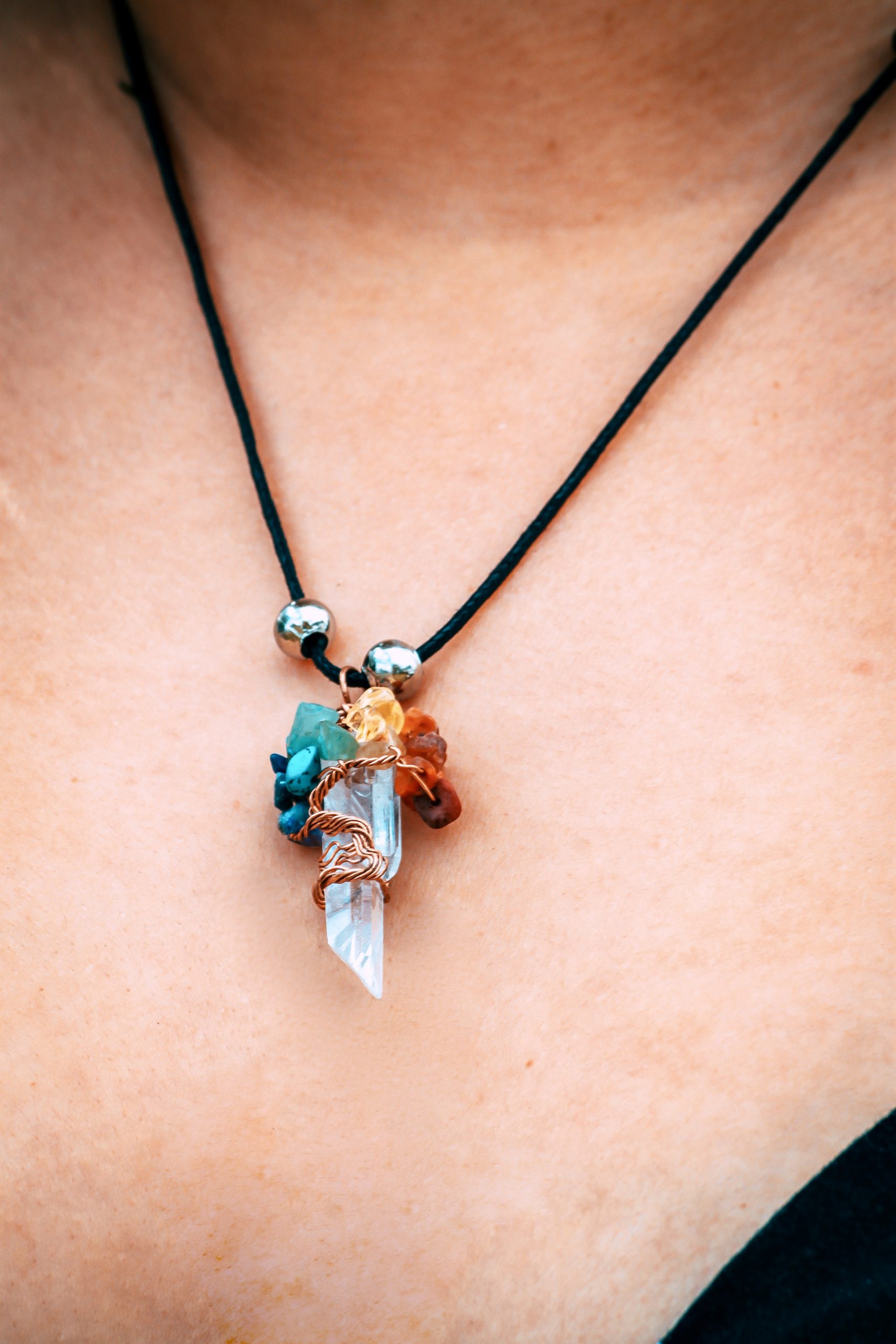 Mia Jewel Shop: Rainbow Chip Stone Wire Wrapped Tree of Life Quartz Crystal Necklace
