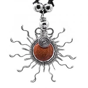 Handmade silver metal wire wrapped round-shaped gemstone cabochon crystal pendant with sun design on adjustable necklace in goldstone necklace.