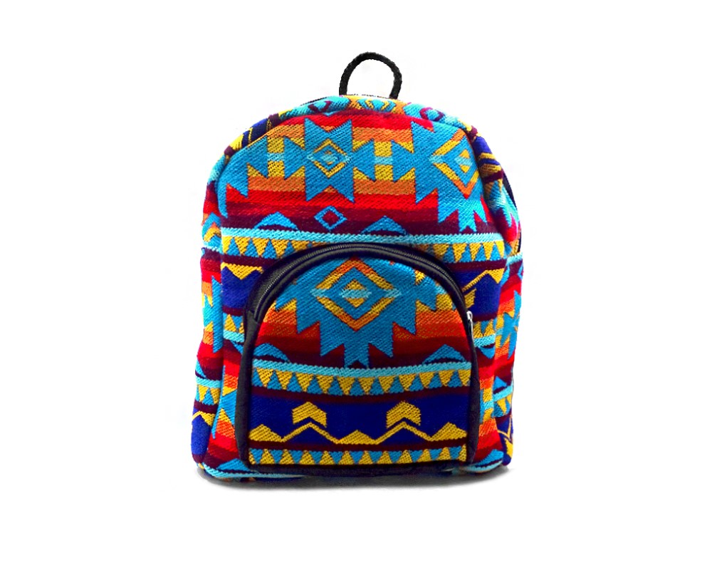 Handmade mini cushioned backpack with Aztec inspired tribal print pattern material in turquoise blue and multicolored color combination.