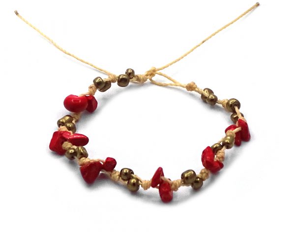 Macrame string bracelet with red jasper chip stones and seed beads in red, gold, and beige color combination.
