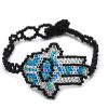 Czech glass seed bead bracelet with multicolored hamsa hand centerpiece in black, silver, turquoise blue, and mint color combination.