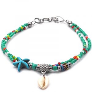 Seed bead multi strand bracelet with natural seashell dangle, starfish bead, and tribal bead centerpiece in mint green, turquoise, multicolored, and white color combination.