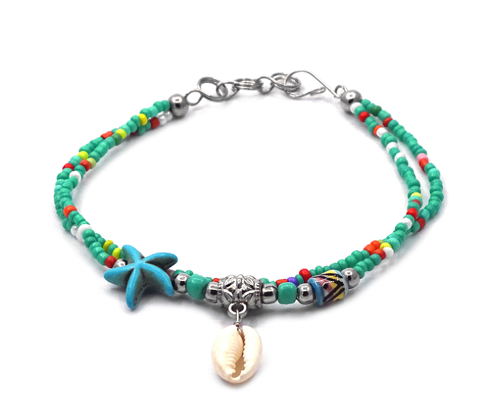 Seed bead multi strand bracelet with natural seashell dangle, starfish bead, and tribal bead centerpiece in mint green, turquoise, multicolored, and white color combination.