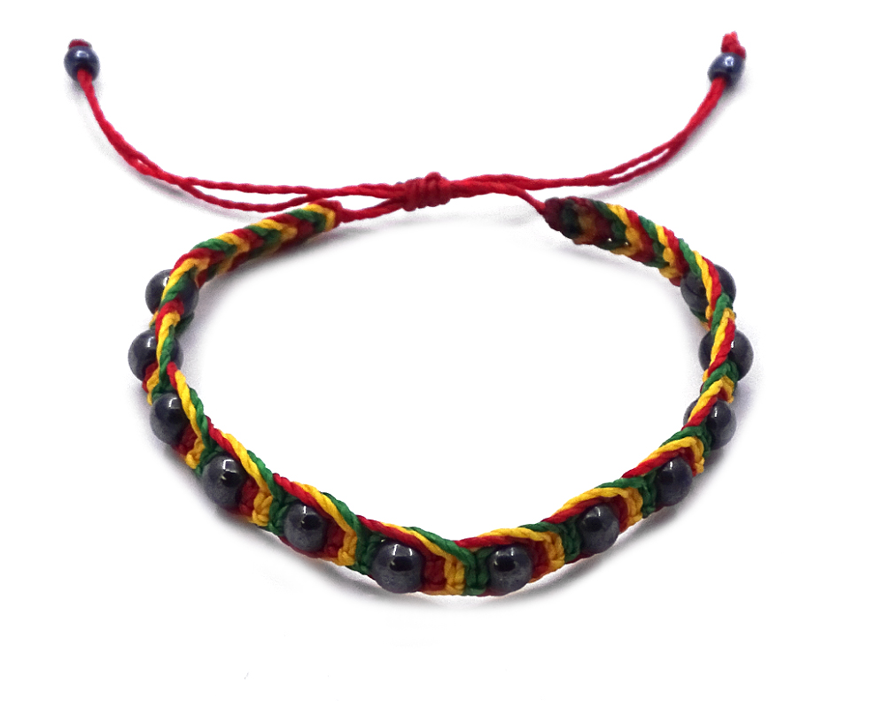 Handmade multicolored macramé braided string pull tie bracelet with dark gray hematite gemstone beads in Rasta colors.