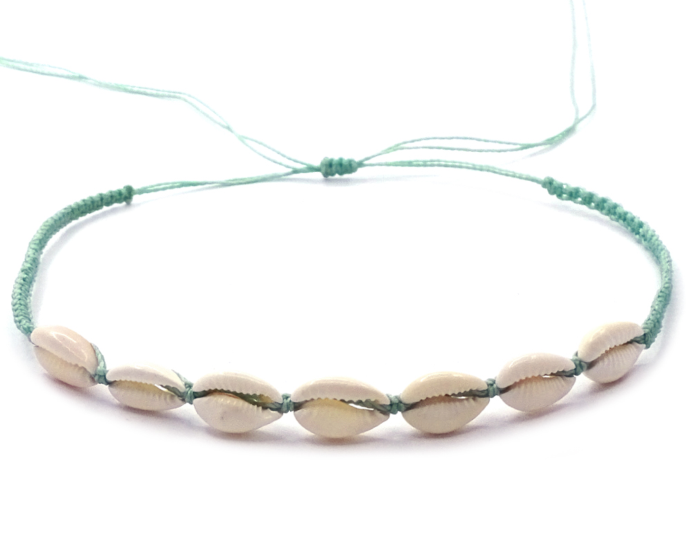 Handmade macramé braided string pull tie choker necklace with natural seashells in mint green and white color combination.