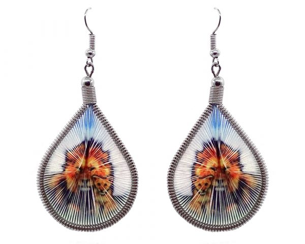 Teardrop-shaped thread dangle earrings with alpaca silver wire and lion father and cub graphic image in golden yellow, orange, light blue, white, and green color combination.
