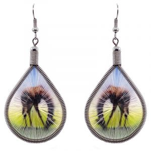 Teardrop-shaped thread dangle earrings with alpaca silver wire and bent over giraffe graphic image in brown, yellow, light blue, and green color combination.