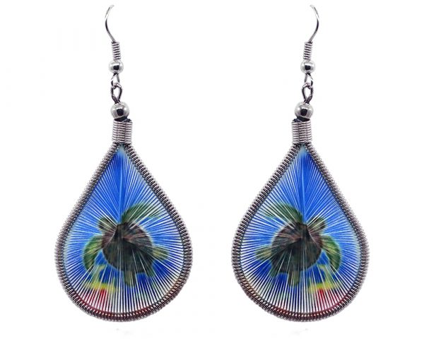 Teardrop-shaped thread dangle earrings with alpaca silver wire and sea turtle graphic image in green, blue, red, and yellow color combination.