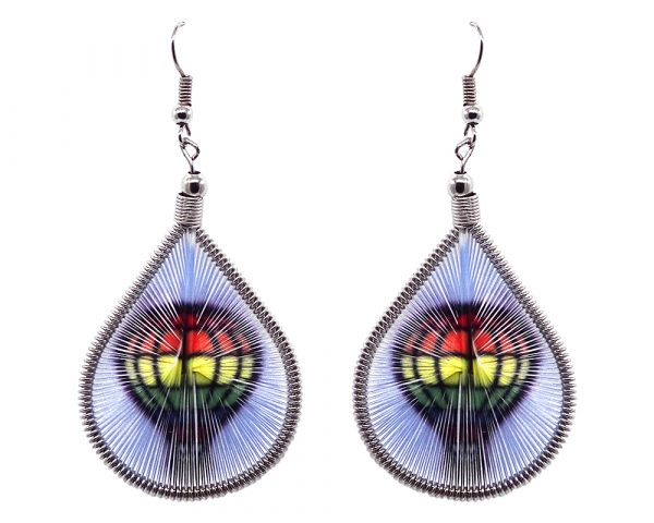 Teardrop-shaped thread dangle earrings with alpaca silver wire and air balloon graphic image in rainbow multicolored, white, and black color combination.