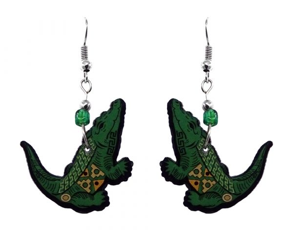 Mia Jewel Shop: Tribal pattern alligator acrylic dangle earrings with beaded metal hooks in green, yellow, and black color combination.