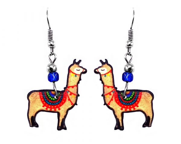 Llama acrylic dangle earrings with beaded metal hooks in beige, blue, red, green, and yellow color combination.
