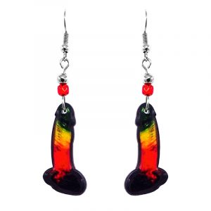 Penis dildo acrylic dangle earrings with beaded metal hooks in Rasta colors.