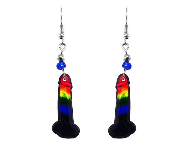 Penis dildo acrylic dangle earrings with beaded metal hooks in rainbow colors.