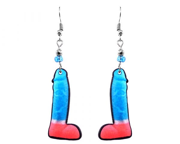 Large penis dildo acrylic dangle earrings with beaded metal hooks in turquoise blue, pink, and white color combination.