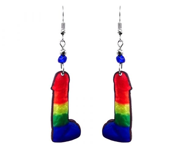 Large penis dildo acrylic dangle earrings with beaded metal hooks in rainbow colors.