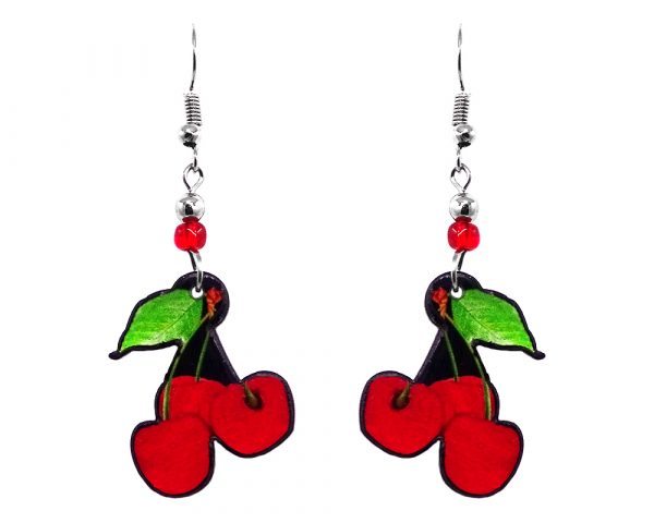 Cherry fruit acrylic dangle earrings with beaded metal hooks in red, black, and lime green color combination.