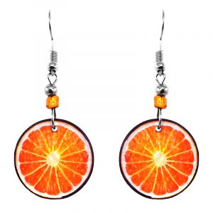 Sliced orange fruit acrylic dangle earrings with beaded metal hooks in orange, peach, and white color combination.