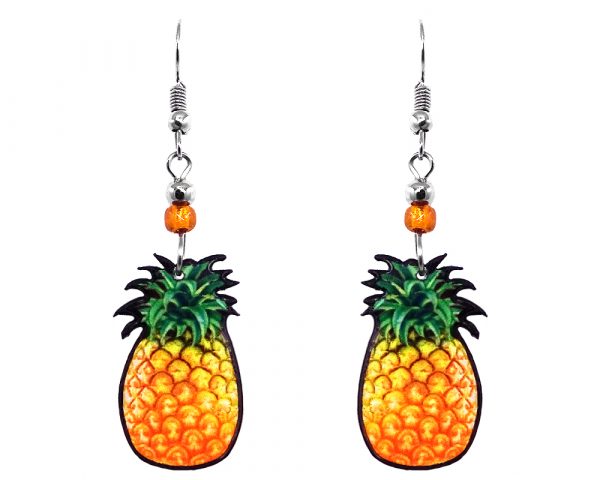 Pineapple fruit acrylic dangle earrings with beaded metal hooks in golden yellow, orange, and green color combination.