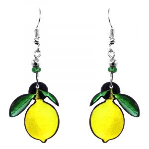 Lemon fruit acrylic dangle earrings with beaded metal hooks in neon yellow and green color combination.