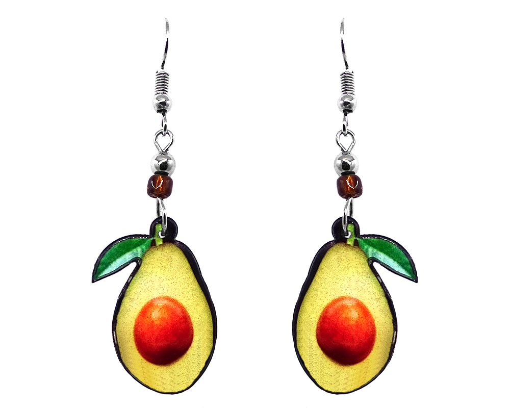 Avocado fruit acrylic dangle earrings with beaded metal hooks in lime green, yellow, green, and brown color combination.