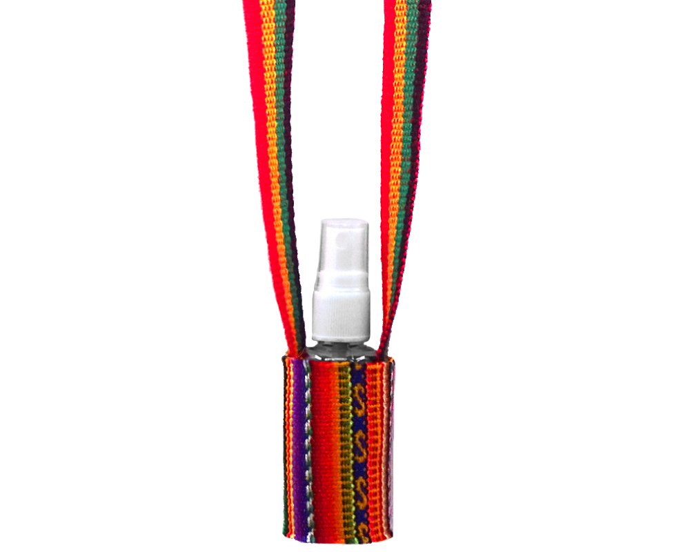 Handwoven hand sanitizer holder necklace with multicolored tribal print striped pattern material in Rasta colors.
