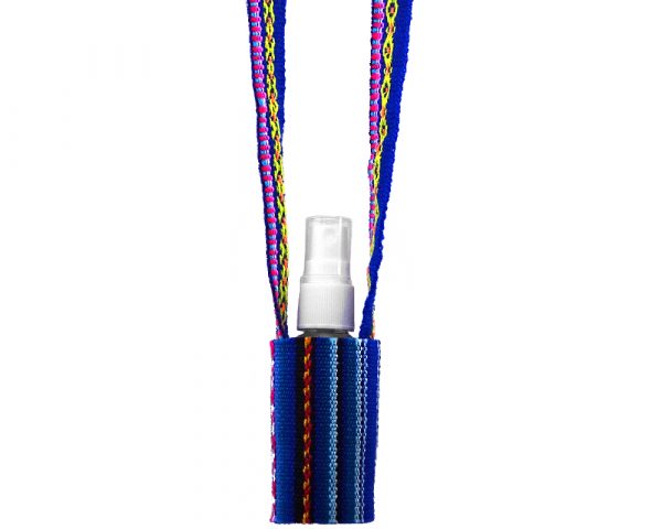 Handwoven hand sanitizer holder necklace with multicolored tribal print striped pattern material in blue and multicolored color combination.