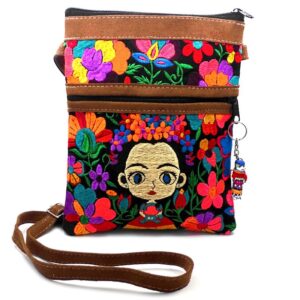 Medium-sized slim rectangular brown vegan leather purse bag with cotton embroidered Frida Kahlo cartoon doll and floral designs in black and multicolored color combination.