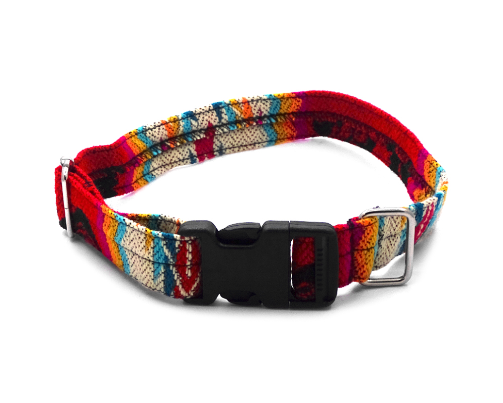 Pet dog collar with Aztec inspired tribal print pattern in red, beige, and multicolored color combination.