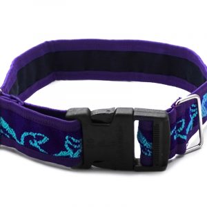 Pet dog collar with Aztec inspired tribal print pattern in purple, turquoise, light blue, and teal color combination.