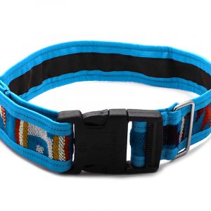 Pet dog collar with Aztec inspired tribal print pattern in turquoise blue, dark orange, golden yellow, light yellow, beige, and tan color combination.