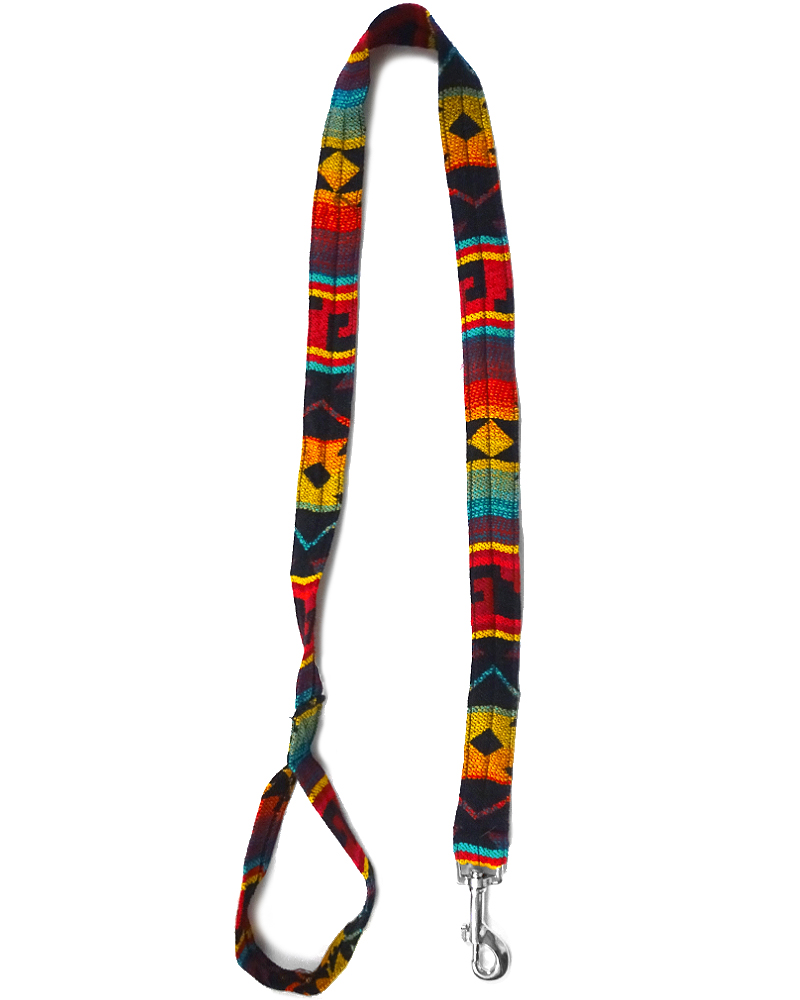 Pet dog leash with Aztec inspired tribal print pattern in red, golden yellow, orange, turquoise, teal, and black color combination.