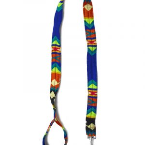Pet dog leash with Aztec inspired tribal print pattern in royal blue, neon green, dark orange, golden yellow, beige, and teal color combination.