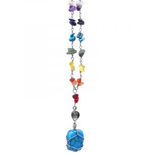 Handmade silver metal wire wrapped tumbled gemstone pendant with rainbow colored chakra chip stones on adjustable chain necklace in turquoise blue howlite.