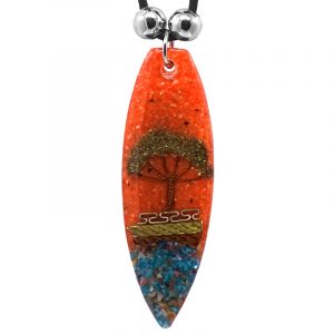 Ellipse-shaped acrylic resin and crushed chip stone inlay pendant with wired tree of life and multicolored metal tribal pattern design on adjustable necklace in orange color.