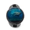 Round-shaped acrylic shark graphic design on alpaca silver metal ring with rope edge border in turquoise blue, teal, and gray color combination.