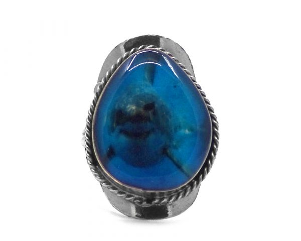 Teardrop-shaped acrylic shark graphic design on alpaca silver metal ring with rope edge border in turquoise blue and gray color combination.