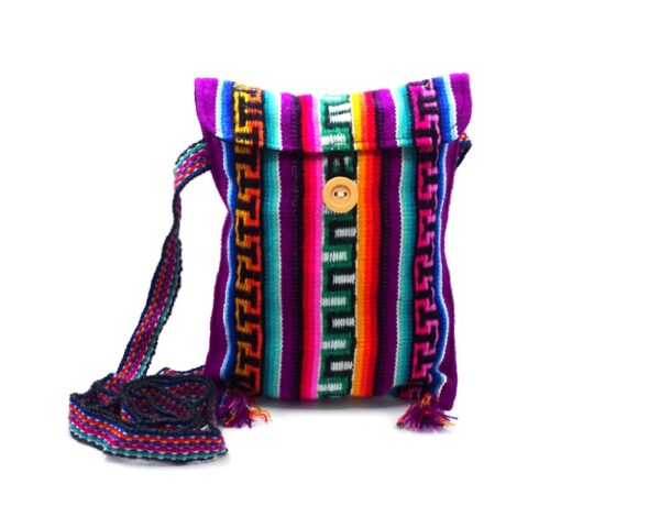 Small slim square purse bag with multicolored tribal print striped pattern and fringe in purple color.
