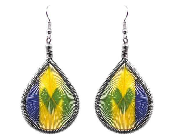 Teardrop-shaped thread dangle earrings with alpaca silver wire and Saint Vincent and the Grenadines flag graphic image.