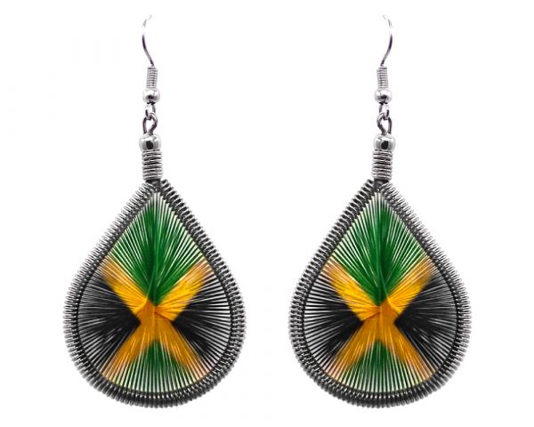 Teardrop-shaped thread dangle earrings with alpaca silver wire and Jamaican flag graphic image.